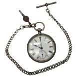 A SILVER CASED POCKET WATCH AND ALBERT CHAIN, the watch with a 4.5 cm enamelled dial with subsidiary