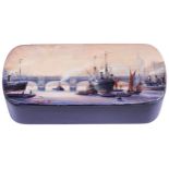 COMMANDER GEOFF HUNT R.N., A PAPIER MACHE BOX  the lid hand painted with a Thames scene, St Pauls in