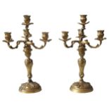 A PAIR OF LOUIS XV STYLE GILT BRONZE CANDELABRA, 19TH CENTURY, the three branch candelabra with