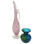 A MDINA ART GLASS BOLSTER VASE AND AN ITALIAN ART GLASS EWER, MID 20TH CENTURY, the elegant ewer