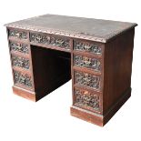 A MAHOGANY WRITING DESK, LATE 19TH CENTURY, rectangular leather inset top with applied moulded