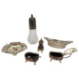 A SILVER TOP GLASS SUGAR SIFTER, a silver ashtray mounted with a Scottie dog a silver condiments set