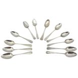 AN ASSORTMENT OF TWELVE SILVER TEASPOONS, mostly George III, with several fine bright cut examples