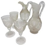 A VICTORIAN ACID ETCHED AND CUT GLASS JUG, ANOTHER AND THREE ACID ETCHED AND CUT GLASS GOBLETS. 28