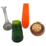 A KARLIN RUSHBROOKE ART GLASS VASE, ORANGE MURANO VASE , BOTTLE VASE AND GLASS ASHSTRAY, CIRCA 1972,