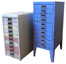 TWO SETS OF VINTAGE STEEL INDEX DRAWERS, a large violet painted set comprised of ten drawers (74