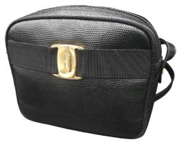 SALVATORE FERRAGAMO FAUX SHAGRIN BLACK SHOULDER BAG, with branded yellow metal trim and two inner