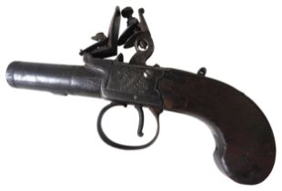 A FLINTLOCK POCKET PISTOL BY R. THWELIS OF HUDDERSFIELD, the action with engraved side plates ‘