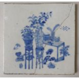 A CHINESE BLUE AND WHITE CERAMIC TILE, QING DYNASTY, 19TH CENTURY, hand painted depicting vases