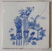 A CHINESE BLUE AND WHITE CERAMIC TILE, QING DYNASTY, 19TH CENTURY, hand painted depicting vases