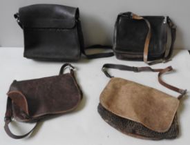 THREE FRENCH VINTAGE LEATHER FLY FISHING BAGS AND ONE OTHER LEATHER BAG, one with a mesh compartment
