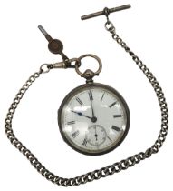 A SILVER CASED POCKET WATCH AND ALBERT CHAIN, the watch with a 4.5 cm enamelled dial with subsidiary