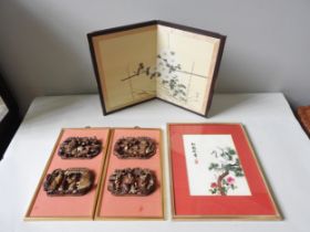 A GROUP OF FOUR QING DYNASTY RED LACQUER AND GILT CARVED WOODEN SECTIONS, MOUNTED AND FRAMED IN