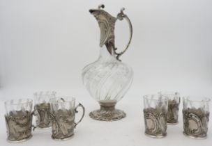 A CHRISTOPHLE GALLIA METAL MOUNTED CARAFE AND SIX MATCHING GLASSES, 20TH CENTURY, the carafe and