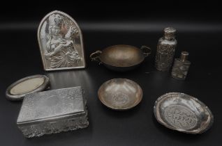 A GREEK SILVER BOWL WITH RAMS HEAD HANDLES stamped 925, along with a silver cased scent bottle