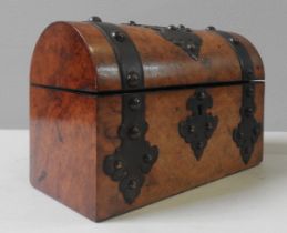 A VICTORIAN WALNUT DOME TOP BOX, CIRCA 1860, with studded brass straps, scrolling cartouche panel