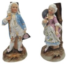 A PAIR OF LATE 19TH / EARLY 20TH CENTURY CONTINENTAL PORCELAIN FIGURAL CANDLEABRA BASES, modelled as