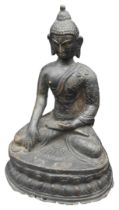 A BRONZE FIGURE OF SHAKYAMUNI BUDDHA, 19TH CENTURY, seated in traditional pose with a robe draped