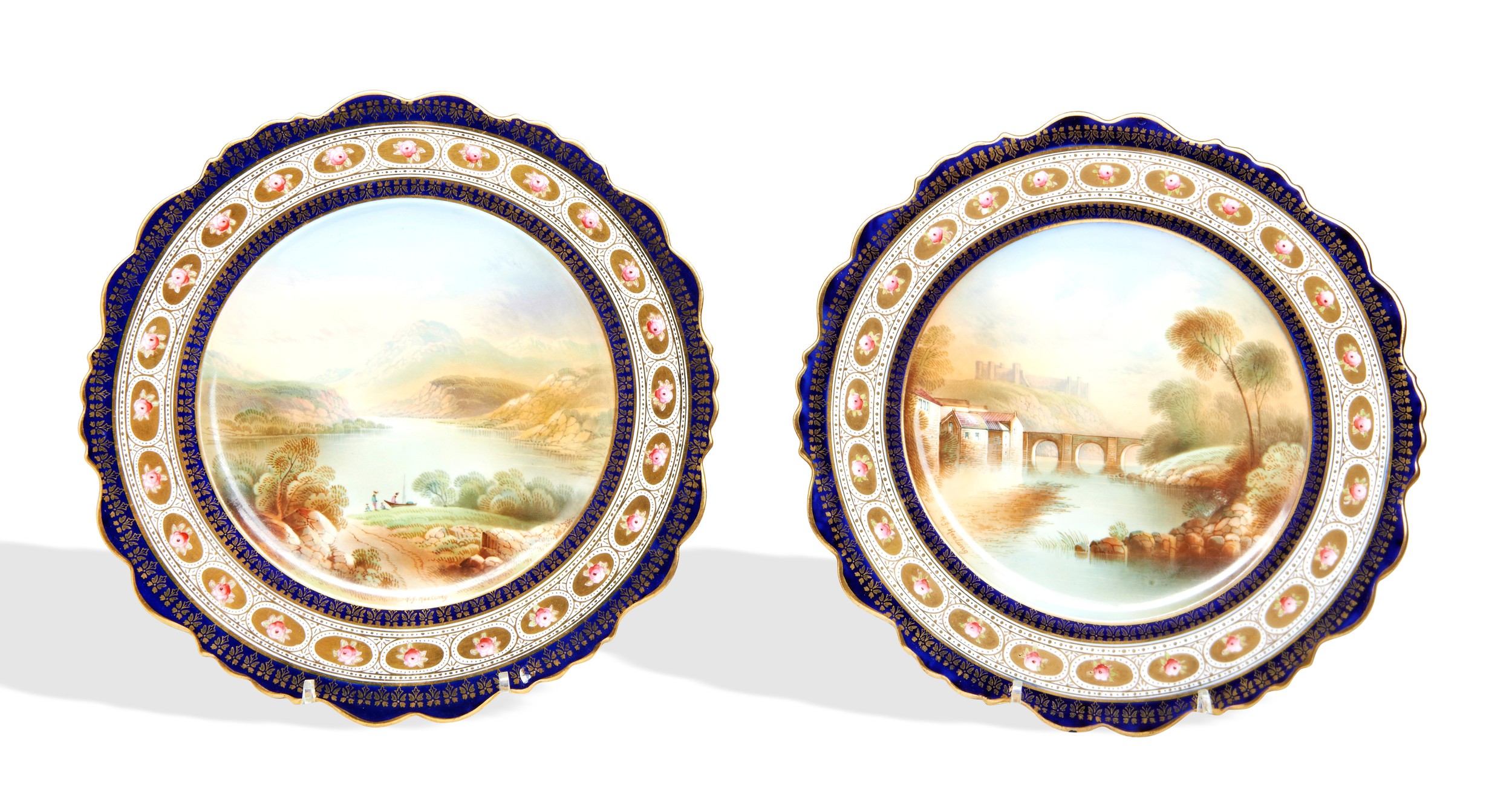 A PAIR OF PARAGON CHINA PLATES PAINTED BY R.D. KEELING with scenes of Richmond Castle and Upper Lake