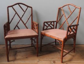 A PAIR OF CHINESE CHIPPENDALE STYLE ARMCHAIRS, 20TH CENTURY, simulated bamboo form, arch top rail