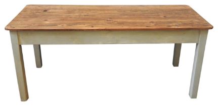 A PINE KITCHEN TABLE, 19TH CENTURY, simplistic form, the two plank rectangular top above a painted