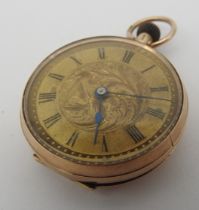 A 9CT GOLD CASED FOB WATCH, 30 mm dial with chased foliate centre, with further chased decorated