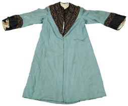 A CHINESE TURQUOISE HOUSE COAT, 19TH CENTURY, with silk embroidered collar and cuffs (108 x 142