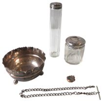 A A GOLD COMPASS FOB, SILVER BOWL, WATCH CHAIN AND TWO SILVER TOP GLASS POTS, the spinning gold