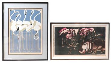 JOHN WATSON (20TH CENTURY) 'FLAMINGOES AND HIPPO' LIMITED PRINT, signed and numbered 3/10 33 x 60 cm
