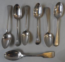 A GROUP OF SEVEN 19TH CENTURY SILVER TEASPOONS, the group includes an late Victorian fiddle handle