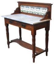 A PINE MARBLE TOP WASH STAND, LATE 19TH CENTURY, the splash back panel inset with art nouveau