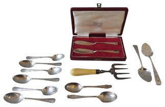 A GROUP OF SILVER TEASPOONS, JAM SPOONS, BUTTER KNIVES AND FISH FORK, Jam spoons: London 1897, 13 cm