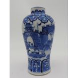 A SMALL BLUE & WHITE MEIPING VASE, EARLY 20TH CENTURY, the sides decorated with a panorama depicting