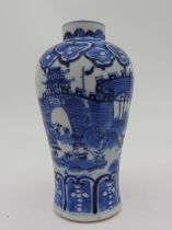 A SMALL BLUE & WHITE MEIPING VASE, EARLY 20TH CENTURY, the sides decorated with a panorama depicting