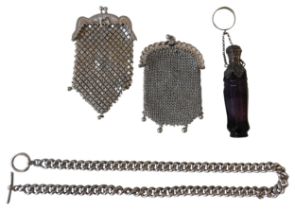 TWO VICTORIAN CHAINMAIL COIN PURSES, FOB CHAIN AND SCENT BOTTLE, the amethyst glass scent bottle