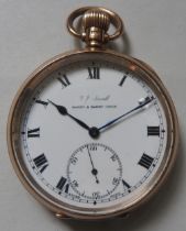 A 9CT GOLD TOP WIND POCKET WATCH, the 45 mm white enamel Roman dial signed H.J Powell, Barry & Barry