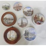 A COLLECTION OF EIGHT MID 19TH CENTURY PRATT WARE POT LIDS, six depicting scenes of London and two