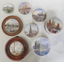 A COLLECTION OF EIGHT MID 19TH CENTURY PRATT WARE POT LIDS, six depicting scenes of London and two