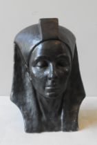 HILDEGARDE SNOW DAFFIN (1904-1975), A PLASTER BUST OF FEMALE IN EGYPTIAN HEAD DRESS, painted black