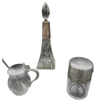 A SILVER MOUNTED SCENT BOTTLE, MUSTARD POT AND A SILVER TOP GLASS JAR, the scent bottle marked