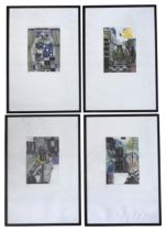 A SET OF FOUR LIMITED EDITION COLOUR PRINTS, abstract interior scenes in the manner of Picasso,
