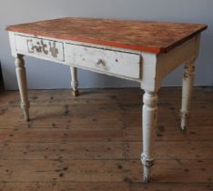 A RUSTIC PINE SCULLERY TABLE WITH TWO DRAWERS, 19TH CENTURY, rectangular plank top above a cream