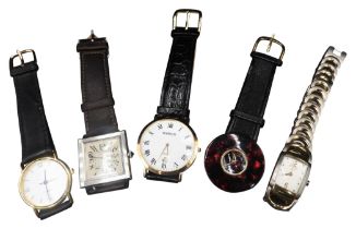 A GROUP OF FIVE ASSORTED QUARTZ WRISTWATCHES, various styles, including models by Charles Delon,