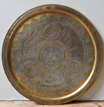 A LARGE SILVER INLAID BRASS CAIRO WARE TRAY, LATE 19TH / EARLY 20TH CENTURY, probably Syrian,