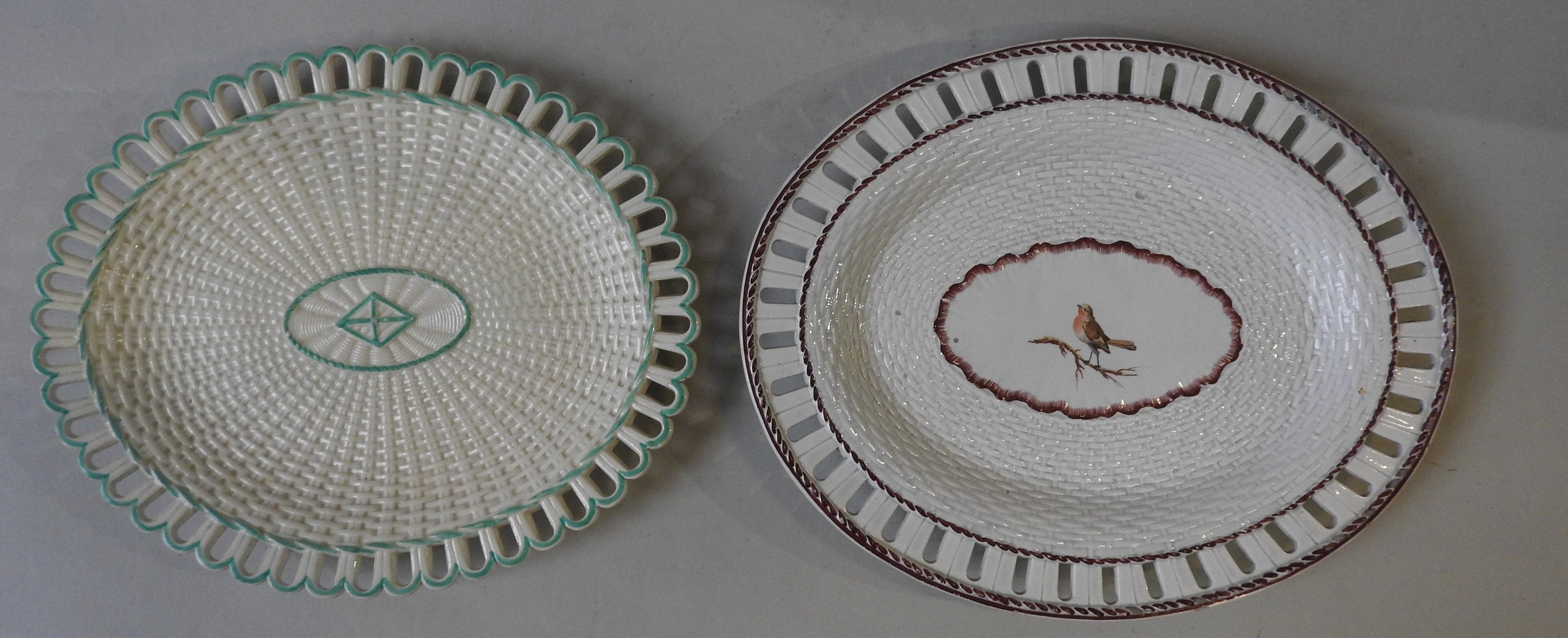 TWO RETICULATED CREAM WARE OVAL PLATTERS, EARLY 19TH CENTURY, one Wedgwood example with basket weave - Image 2 of 3