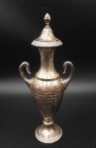 A VINTAGE WHITE METAL PRESENTATION URN, MID 20TH CENTURY, amphora form with twin chased swan neck