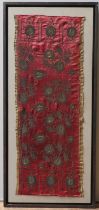 AN OTTOMAN EMBROIDERED SILK PANEL, 18TH CENTURY, rectangular form burgundy satin embroidered with