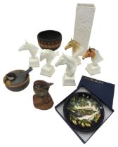 A MOORCROFT INGLESWOOD DISH, BOXED, FIVE ROYAL WORCESTER PORCELAIN HORSES HEADS, TWO POTTERY BIRD