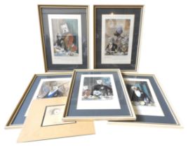 A FRAMED SET OF MCQUEEN'S DOGS AT THE JUBILEE BANQUET PRINTS, LATER HAND COLOURED AND FRAMED AND A