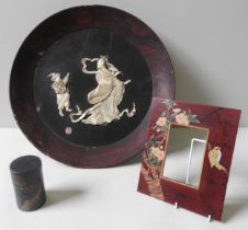 A JAPANESE SHIBAYAMA LACQUERED CHARGER inset with a bone and ivory Geisha and a young boy; bears